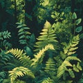 seamless organic pattern that captures the intricate textures of sunlit ferns in a shaded forest. AI Generated