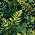 seamless organic pattern that captures the intricate textures of sunlit ferns in a shaded forest. AI Generated