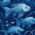 seamless organic pattern inspired by the graceful movement of a school of fish in the depths of the ocean. AI Generated