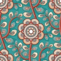 Seamless oriental pattern with mandala and turkish cucumber. Vector laced decorative background with floral and geometric ornament Royalty Free Stock Photo