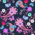 Seamless oriental pattern with paisley, mandala, butterflies and bunches of garden flowers on beautiful lace background