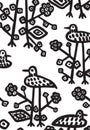 Seamless ornament with birds and flowers. Black pattern. Hand drawn vector illustration Royalty Free Stock Photo