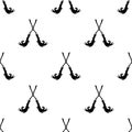 Seamless ornament with crossed brooms. Witch broom pattern. Halloween party wallpaper