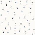 Seamless ornament with ink blue line water drops on white background. Nature, liquid, rain pattern. Vector illustration