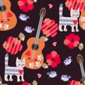 Seamless ornament for kids. Tabby kittens, little birds, wooden guitars, hearts and red poppy flowers on black background