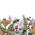 Seamless ornament with summer wildflowers and bees Royalty Free Stock Photo