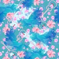 Seamless ornamental pattern with blue fairy birds, pink fliwers,little hearts and silhouettes of guitars. Print for fabric