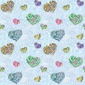 Seamless ornamental pattern - damask eastern ornament and ethnic hearts on traditional oriental blue background