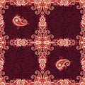 Seamless ornamental pattern with ornate frame and red paisley on dark lace background. Tapestry, print for fabric. Ethnic style. Royalty Free Stock Photo