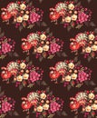 Seamless ornamental pattern.with peacocks and flowers isolated dark brown background. Print for fabric in ethnic russian style. Royalty Free Stock Photo