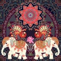 Seamless ornamental pattern or square greeting card in indian or thai style with fairy peacocks, cute elephants, mandala sun