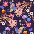 Seamless ornate pattern in ethnic style. Bright multicolor mandala, paisley and bouquets of flowers on purple lace background. Royalty Free Stock Photo