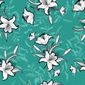 Seamless outline monotone flowers with vivid green mint color