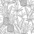 Seamless outline pattern with pineapple bird of paradise flowers