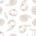 Seamless outlined pattern with yuzu fruit and leaves on white background. Endless repeatable engraved texture with