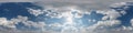 Seamless overcast blue sky hdri panorama 360 degrees angle view with zenith and beautiful clouds for use in 3d graphics as sky