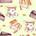 Seamless painted pattern - baked cakes and tea. Watercolor Royalty Free Stock Photo