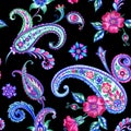 Seamless paisley pattern on a black background, watercolor hand drawing Royalty Free Stock Photo