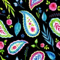 Seamless paisley pattern, roses and tropical leaves on a black background