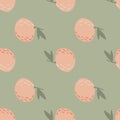 Seamless pale pattern with cartoon mandarin silhouettes. Pink simple food shapes on grey background. Doodle food print