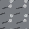 Seamless pale pattern with doodle mace silhouettes. Medieval war elements on grey background. Weapon backdrop