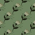 Seamless pale pattern with folk flower silhouettes. Green pastel background. Floral simple artwork