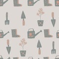 Seamless pale pattern with garden tools ornament. Light pastel grey background. Doodle vintage print