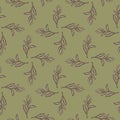 Seamless pale pattern with outline simple foliage branches shapes. Green background. Plants ornament Royalty Free Stock Photo