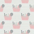 Seamless pale pattern with pink product basket elements. Light grey stripped background