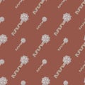 Seamless pale pattern with scandi war mace print. Flail medieval elements with spikes on maroon background