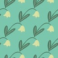 Seamless pale pattern with stylized scandi bluebell flowers. Campanula ornament on turquoise background