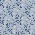 Seamless pale pattern with tulip hand drawn ornament. Flowers in navy blue color on light grey background