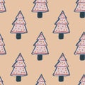 Seamless pale pattern with xmas grey dotted cookie trees. Light pastel background. Tasty winter delisious bakery dessert