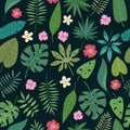 Seamless palm leaves and flowers exotic vector pattern. Tropical monstera leaves on black background. Cartoon jungles