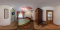 seamless 360 panorama in interior of bedroom of cheap hostel, flat or apartments with chairs sofa and table in equirectangular