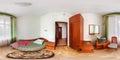 seamless 360 panorama in interior of bedroom of cheap hotel, flat or apartments with chairs and table in equirectangular Royalty Free Stock Photo