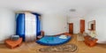 seamless 360 panorama in interior of bedroom of cheap hotel, flat or apartments with chairs and table in equirectangular Royalty Free Stock Photo