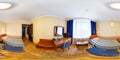 seamless 360 panorama in interior of bedroom of cheap hotel, flat or apartments with chairs and table in equirectangular Royalty Free Stock Photo