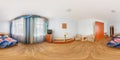 seamless 360 panorama in interior of bedroom of cheap hotel, flat or apartments with chairs and table in equirectangular Royalty Free Stock Photo