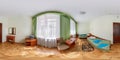 seamless 360 panorama in interior of bedroom of cheap hotel, flat or apartments with chairs and table in equirectangular Royalty Free Stock Photo