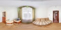 seamless 360 panorama in interior of bedroom of cheap hotel, flat or apartments with chairs and table in equirectangular Royalty Free Stock Photo