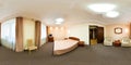 Seamless 360 panorama in interior of bedroom of cheap hotel, flat or apartments with chairs and table in equirectangular