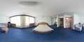 Seamless 360 panorama in interior of bedroom of cheap hotel, flat or apartments with chairs and table in equirectangular