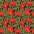 Seamless Papaver Rhoeas Flowers with Wheat Stalks Pattern