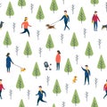 Seamless park pattern. Vector dog walking people