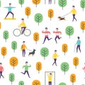 Seamless park pattern. Vector people and sport