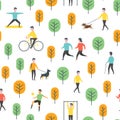 Seamless park pattern. Vector people and sport