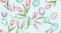 Seamless Pastel Pattern with Tulips and Easter Eggs on Light Blue Background Celebration Design Spring Theme Holiday Royalty Free Stock Photo