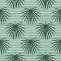 Seamless pastel soft botanic pattern with talipot leaf ornament. Green color elements on blue pastel striped background