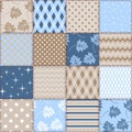 Seamless patchwork background with different patterns in blue and brown colors. Design for fabric